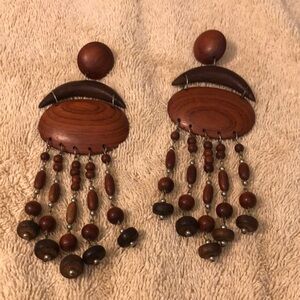Vintage 5.5” Wooden Beaded Pierced Earrings